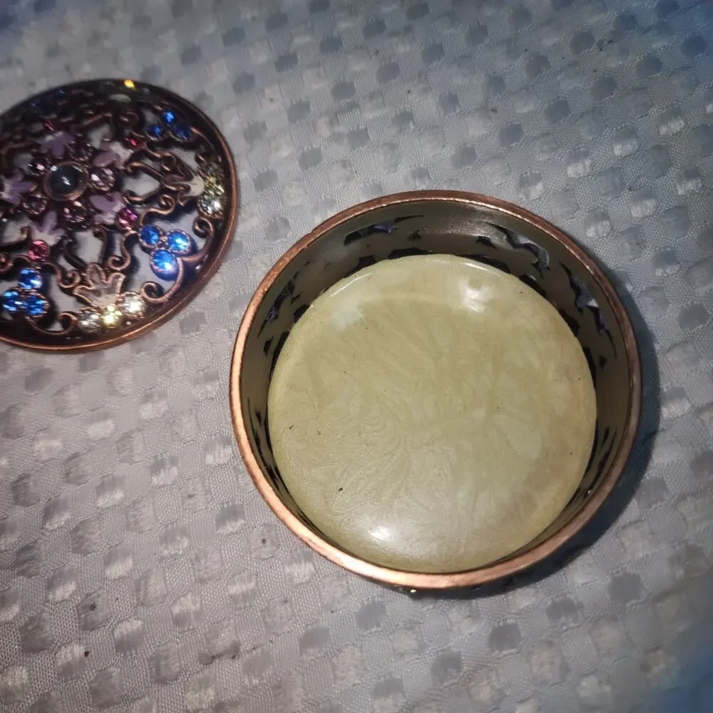 FLORAL ENAMEL BRONZE TONE METAL RHINESTONE TRINKET BOX